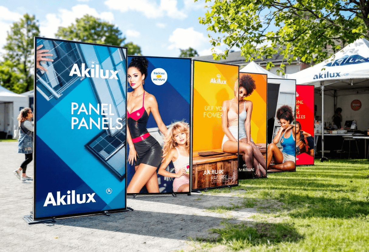Panneaux Akilux exposés en extérieur pour un événement, branding fictif visible.